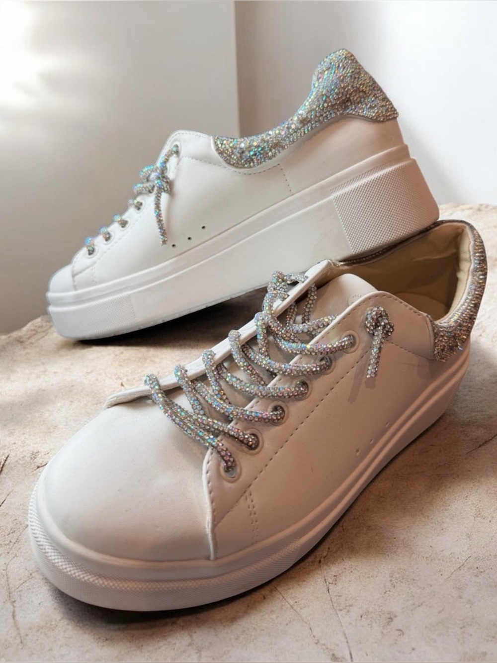 Yellow Box White Platform Sneakers with Sparkling Iridescent Trim